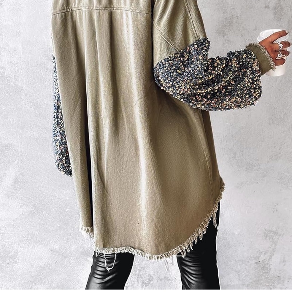 Womens Sequin Patchwork Long Sleeve Oversized Denim Shacket - Picture 4 of 9